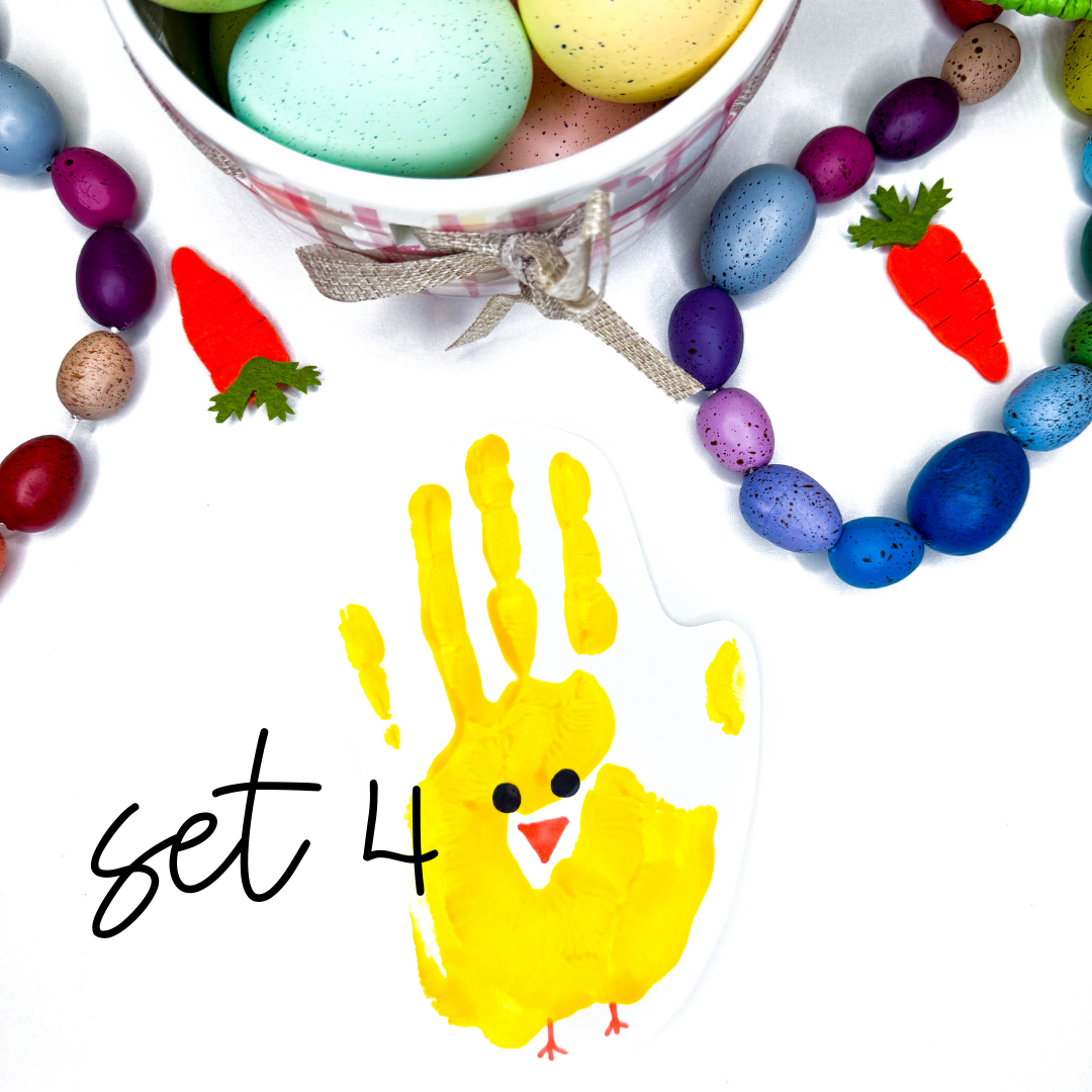 a handprint craft that is yellow with a chick face and feet drawn on