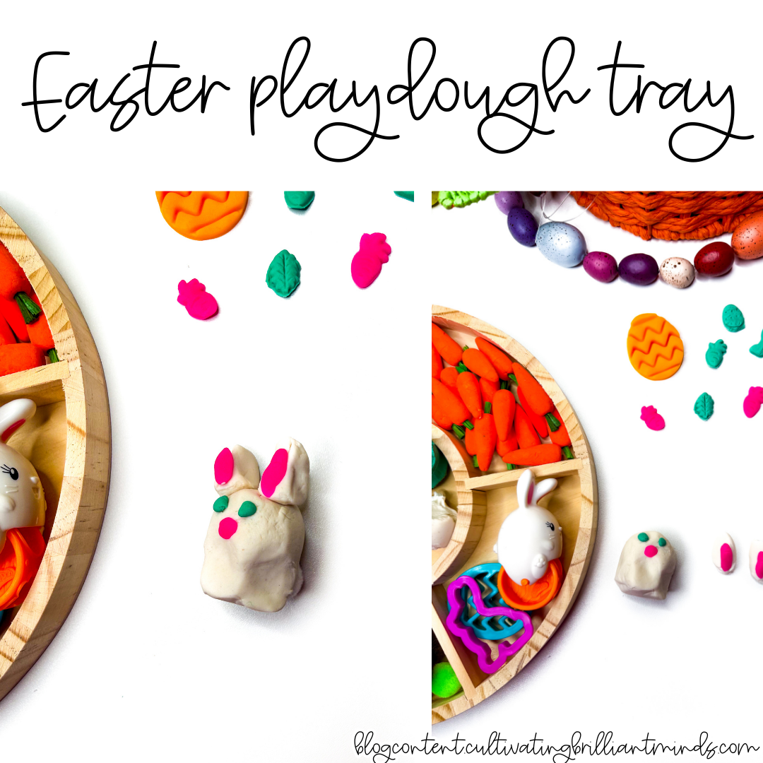 an easter playdough tray with mini carrots, pom poms, and easter grass