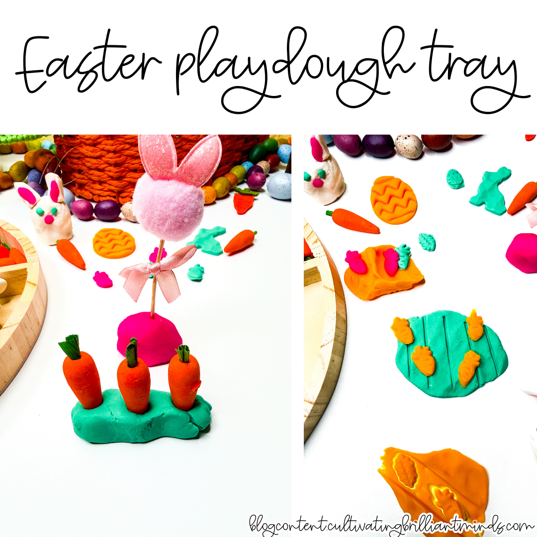 an easter playdough tray with mini carrots, pom poms, and easter grass
