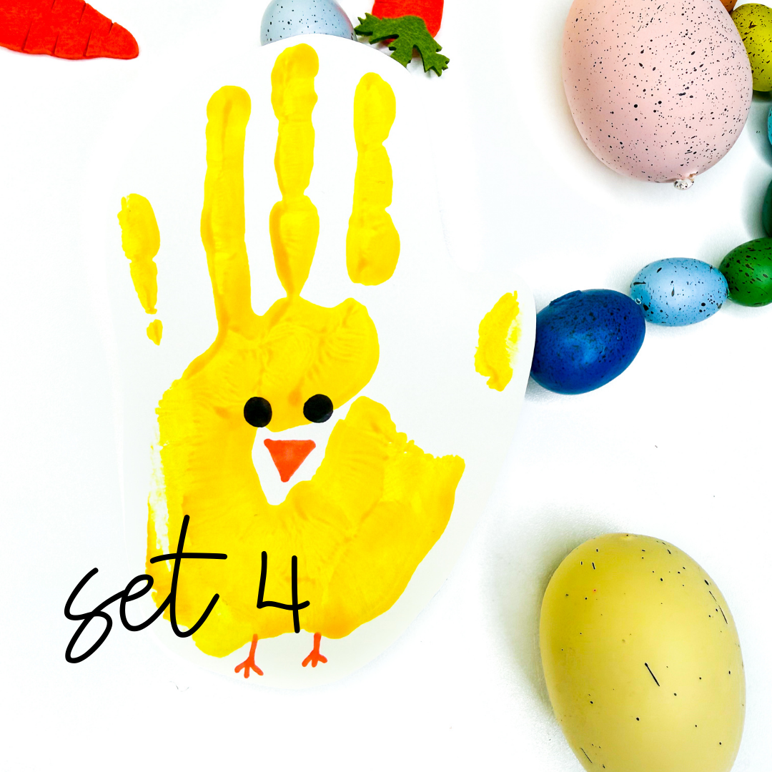a handprint craft that is yellow with a chick face and feet drawn on