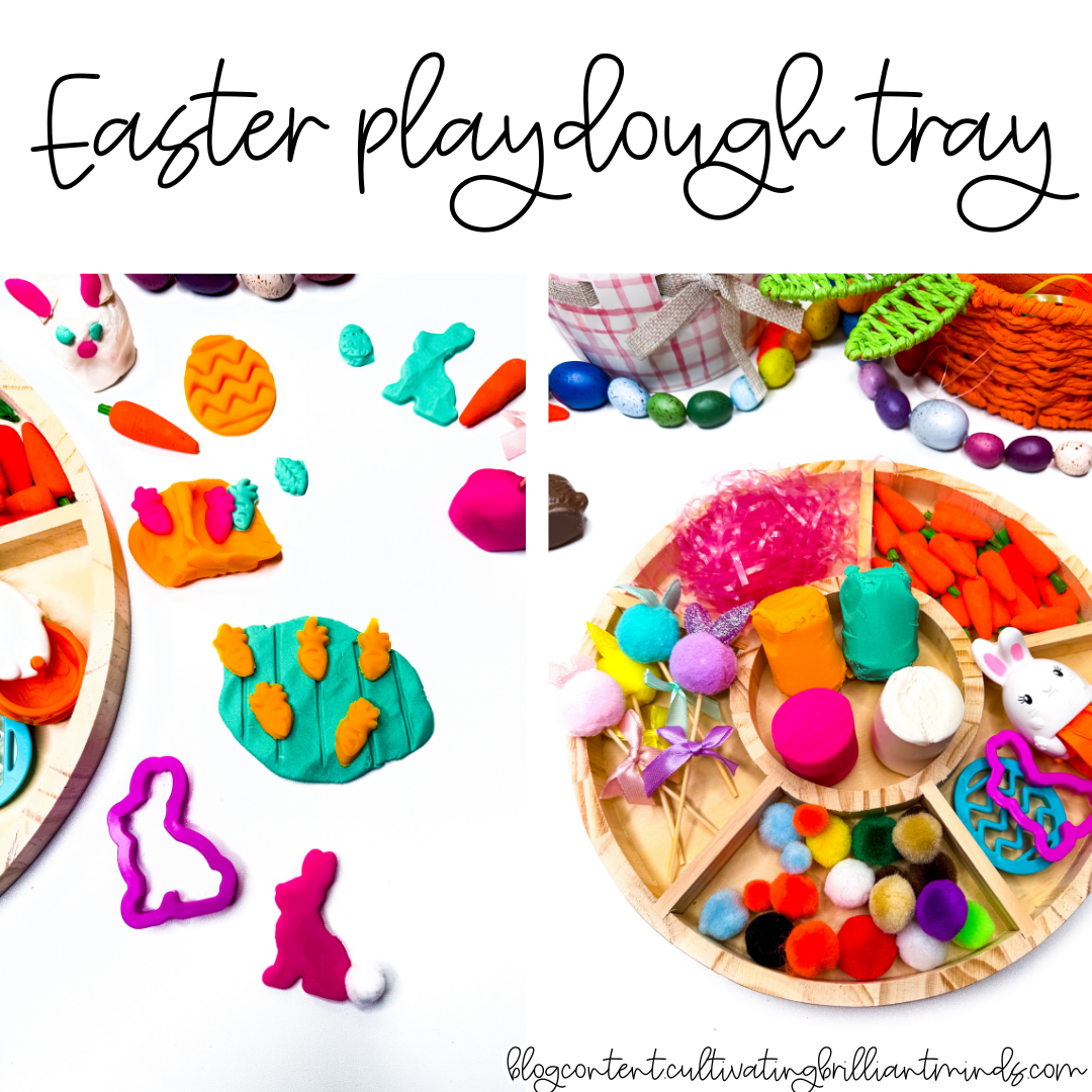 an easter playdough tray with mini carrots, pom poms, and easter grass