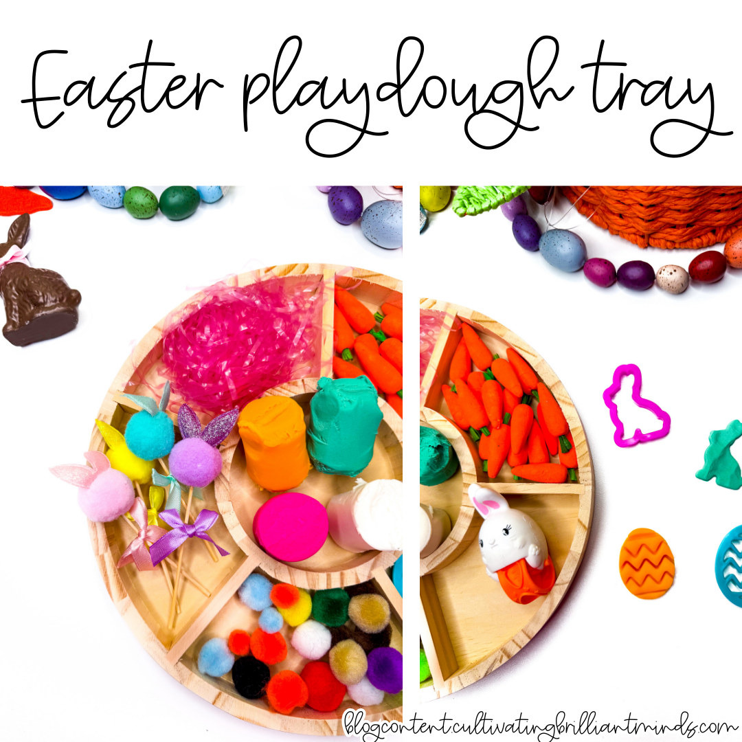 an easter playdough tray with mini carrots, pom poms, and easter grass