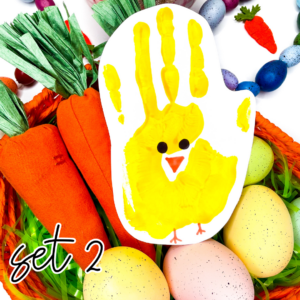 a handprint craft that is yellow with a chick face and feet drawn on