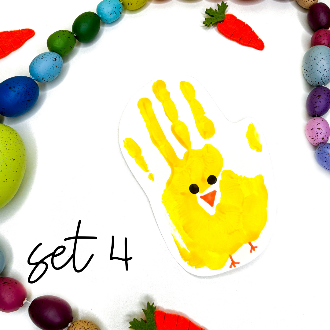 a handprint craft that is yellow with a chick face and feet drawn on