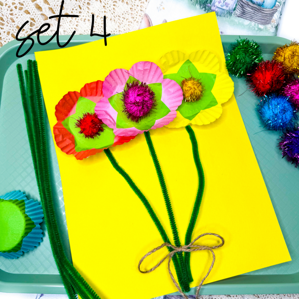 cupcake liners with a pom pom in the middle to look like a flower